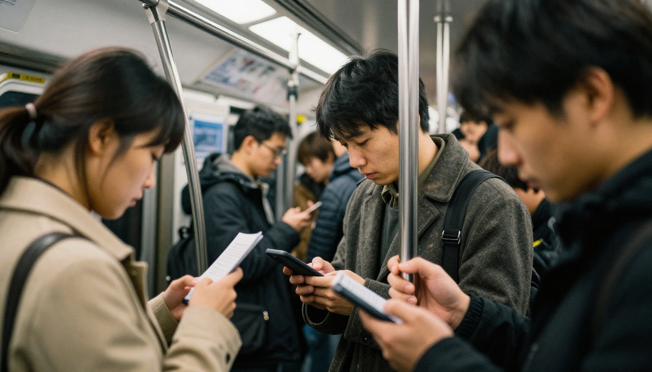 Commuters reading documents on their phones in a subway car