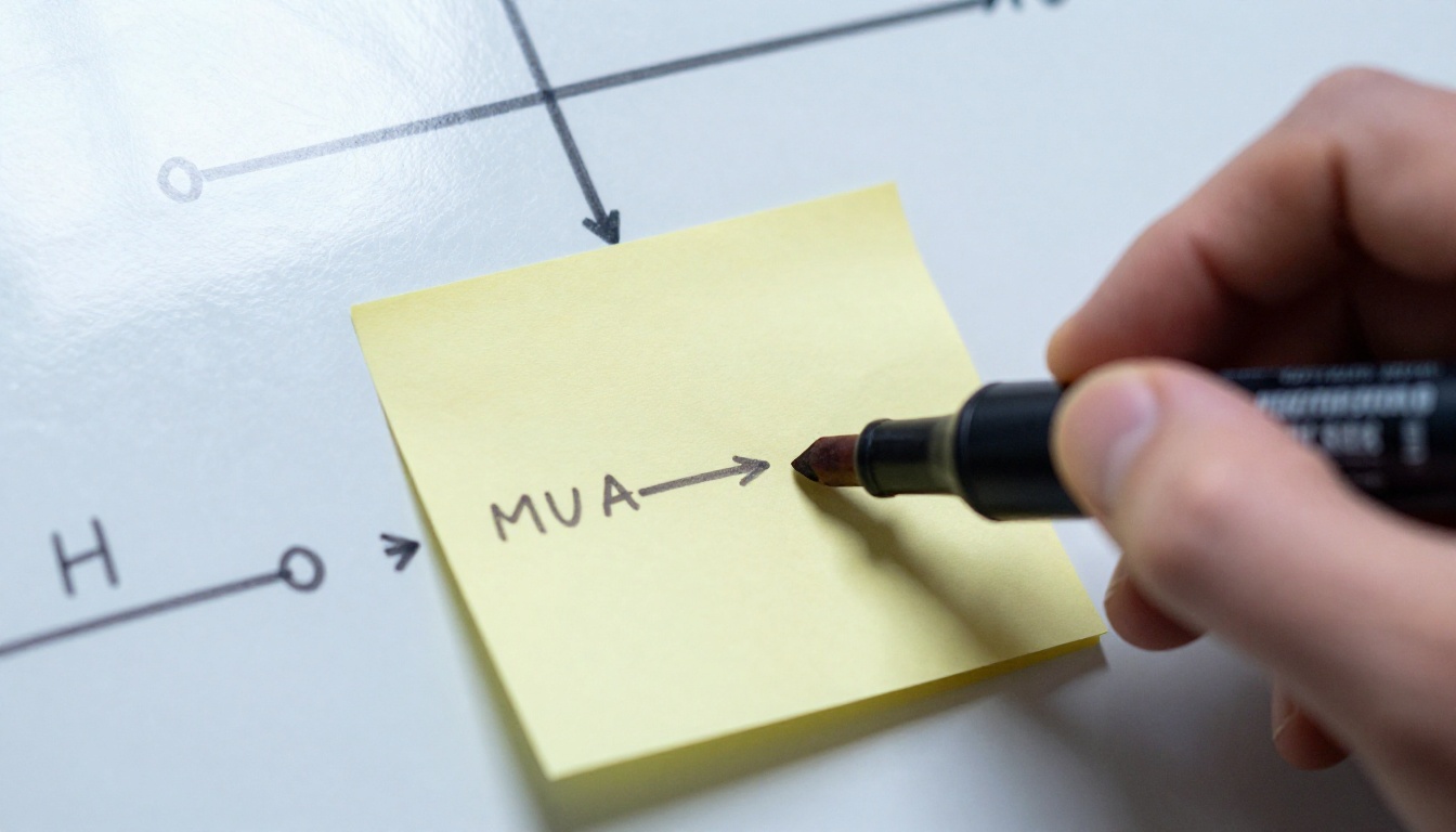 A hand placing a sticky note on a whiteboard logic model