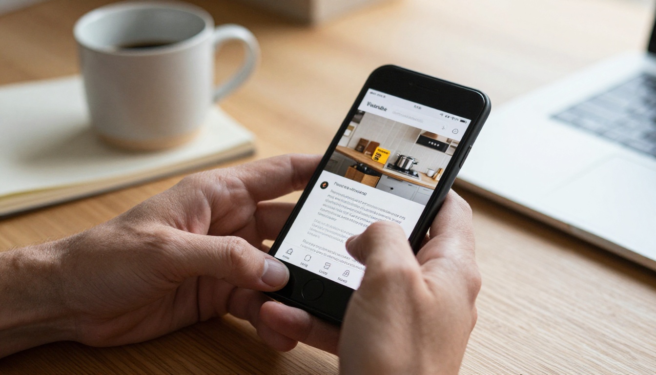 A man holding a smartphone showing a digital brochure page at a kitchen table