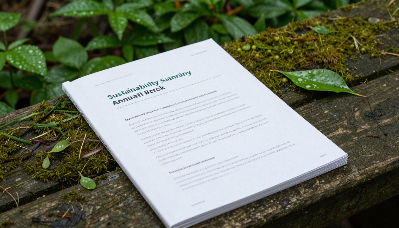 A sustainability report resting on a wooden bench among green plants