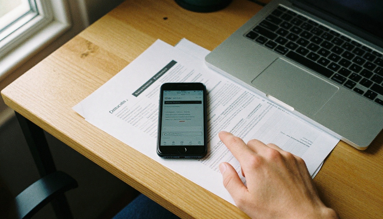 Top-down view of a phone, laptop and printed report on a wooden desk