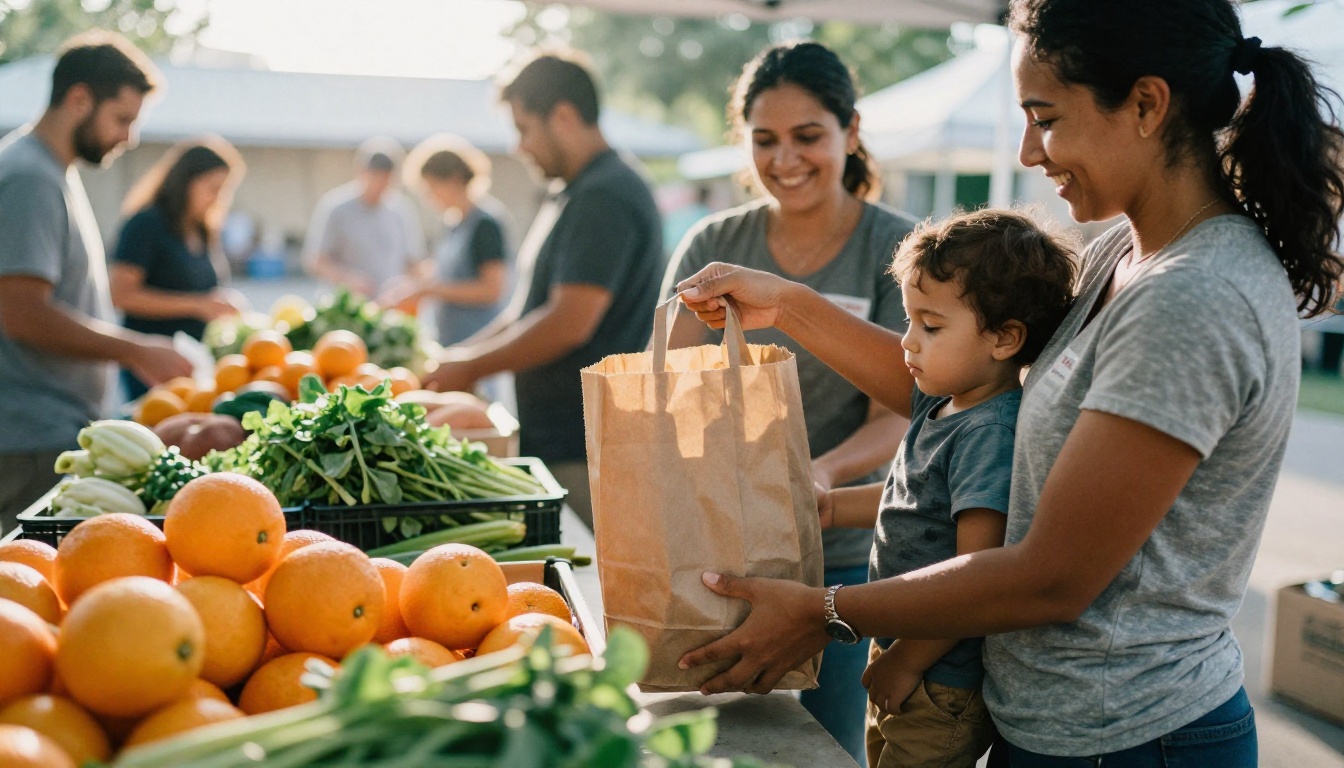 A food bank volunteer handing fresh produce to a mother and her toddler