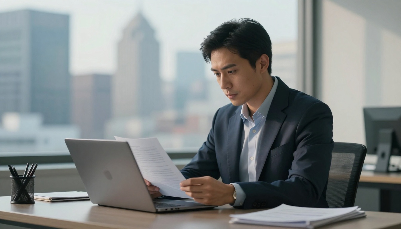 An executive reading a report on a laptop in a glass-walled office