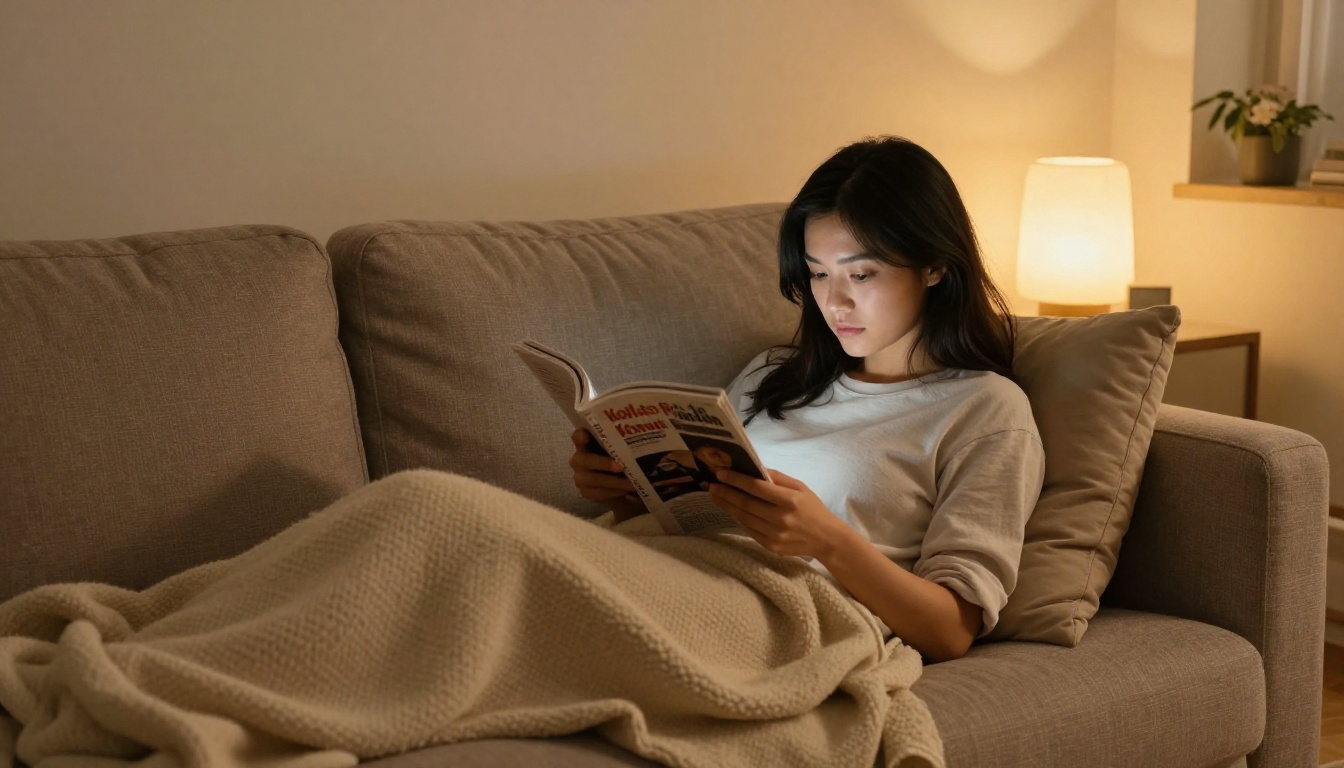 A woman on a sofa reading a magazine on her phone in lamp light