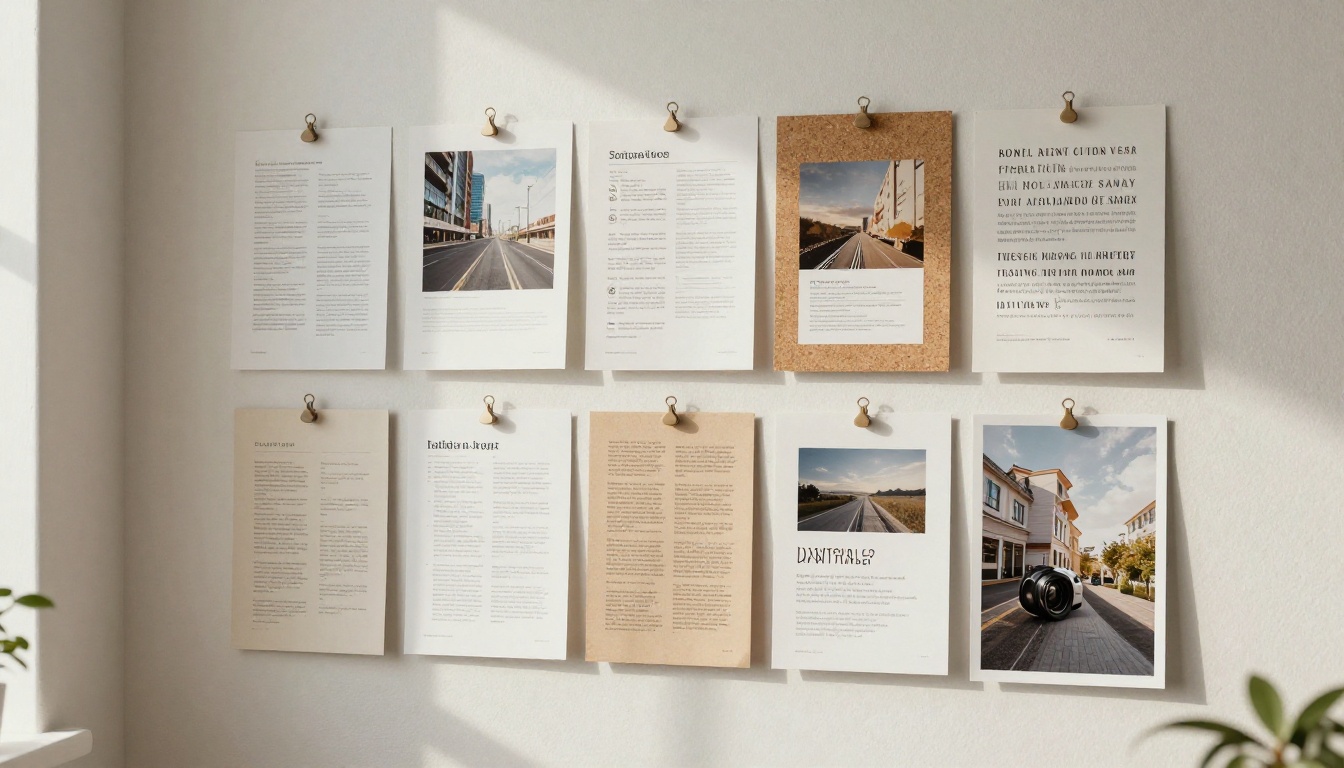 A pinboard of printed report page proposals and typography samples