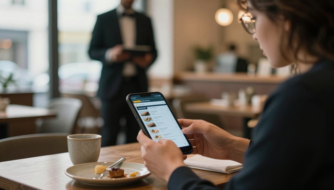 A restaurant guest viewing a digital menu on a smartphone at a cafe table