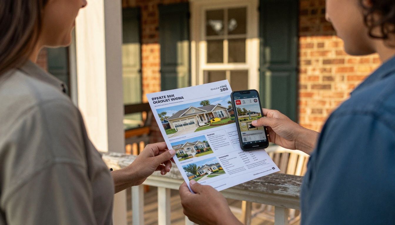 A real estate agent showing a property brochure on a phone to a couple on a porch