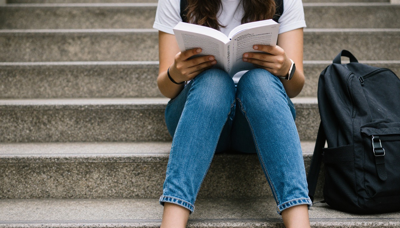A student reading a course PDF on a phone on campus stairs