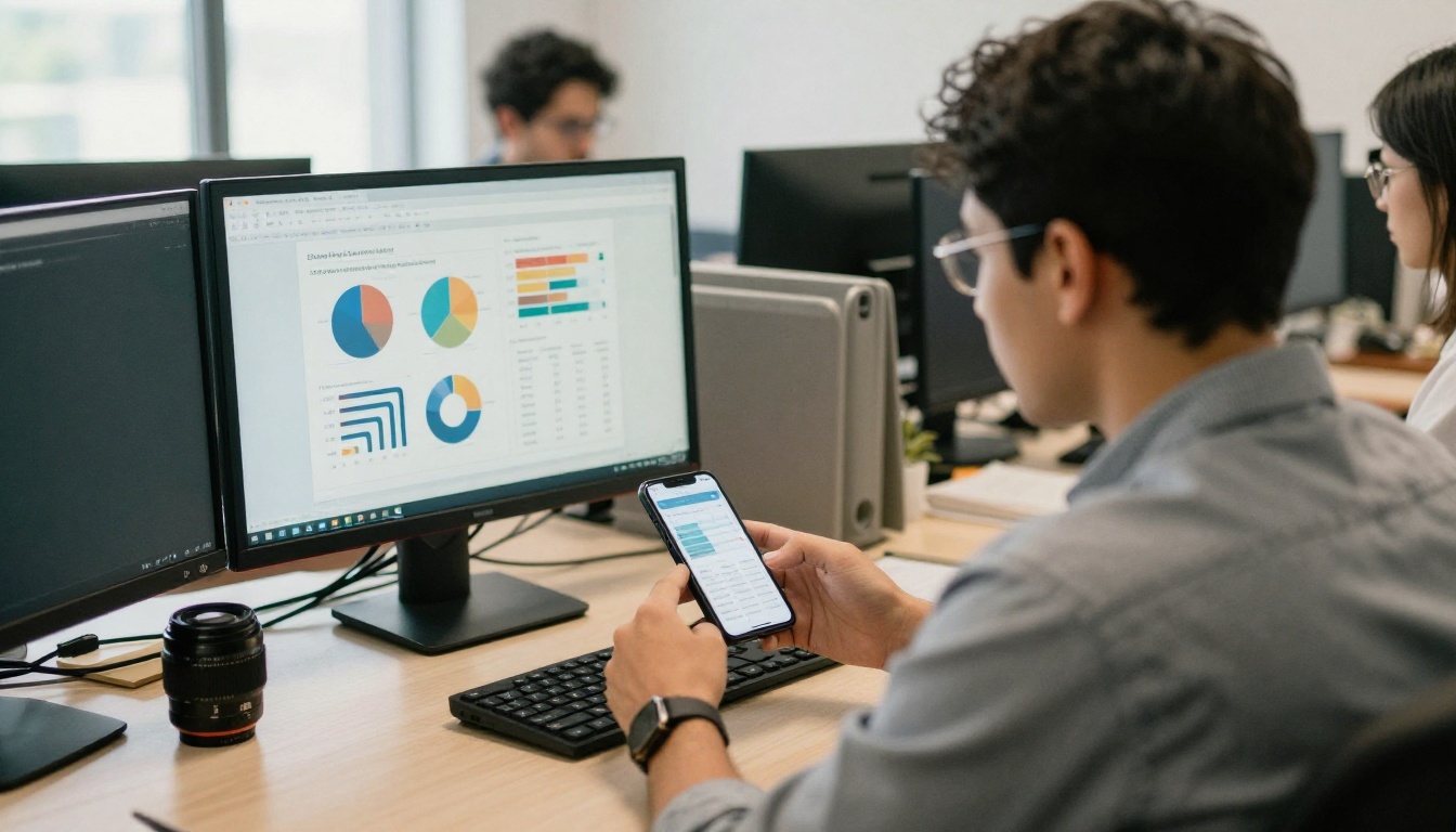 A marketing professional checking reading analytics on a smartphone in an office