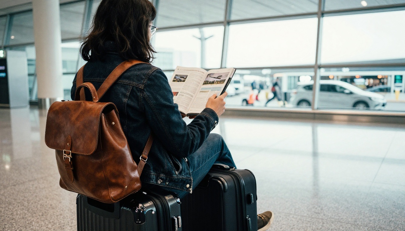 A traveler reading a travel guide on a smartphone at an airport gate
