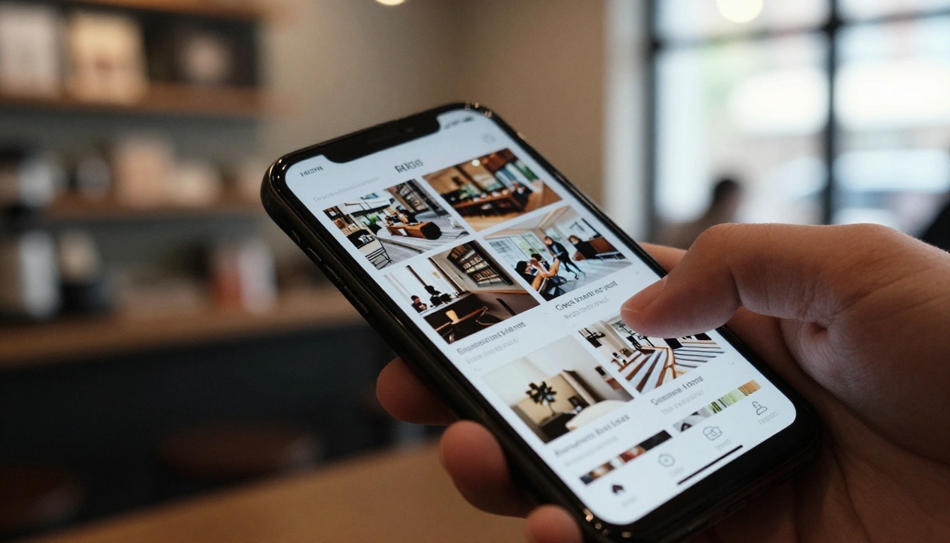 A thumb scrolling through a magazine spread on a phone screen