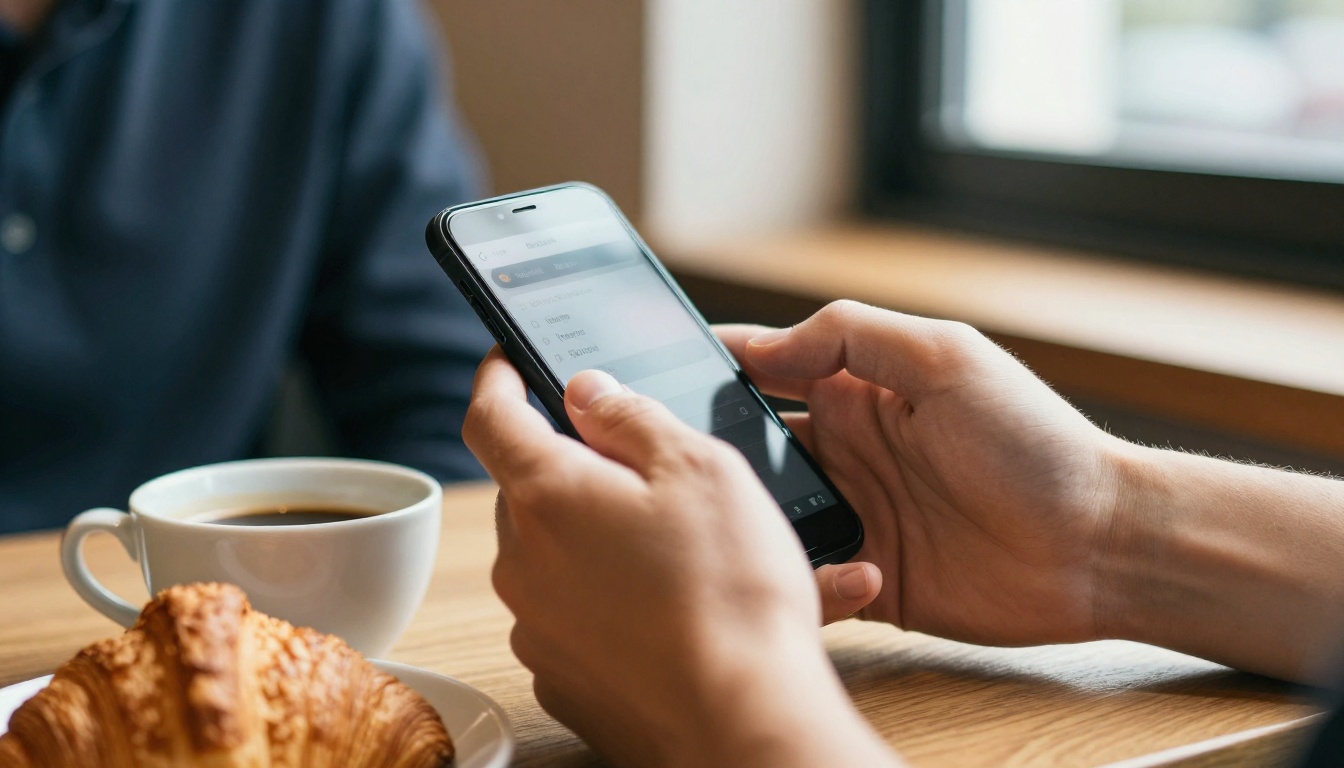Close-up of hands tapping through an online quiz on a smartphone in a sunlit cafe Close-up of hands tapping through an online quiz on a smartphone in a sunlit cafe