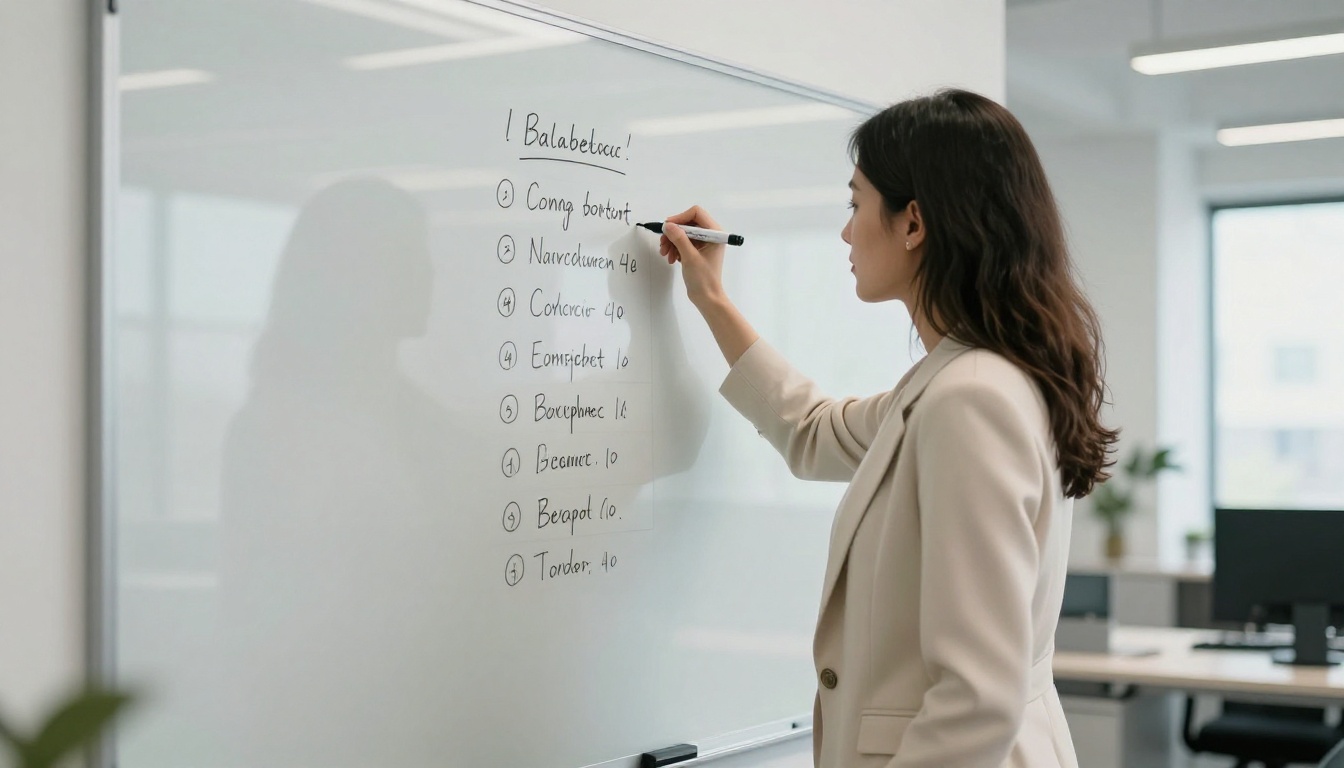Woman in a cream blazer ticking items on a handwritten checklist at a glass whiteboard Woman in a cream blazer ticking items on a handwritten checklist at a glass whiteboard
