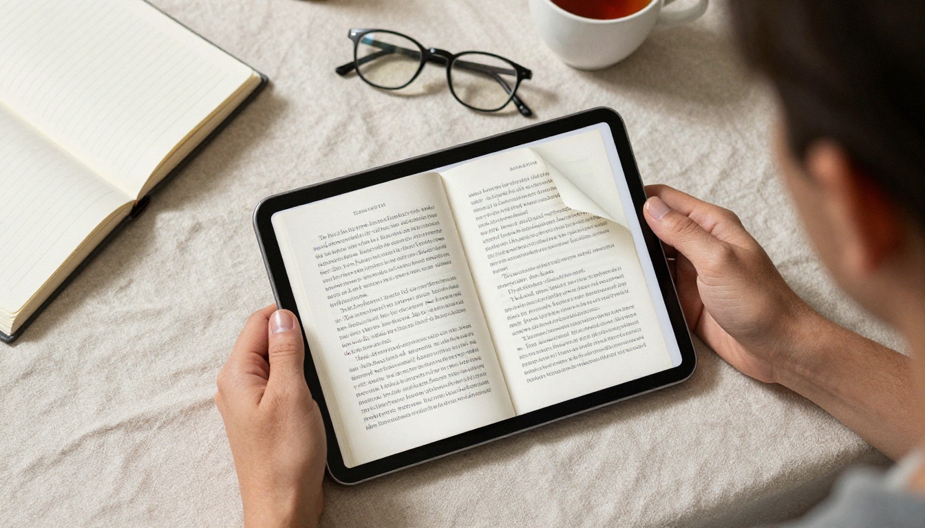 Aerial view of a tablet showing an open digital ebook beside a notebook, glasses and tea Aerial view of a tablet showing an open digital ebook beside a notebook, glasses and tea