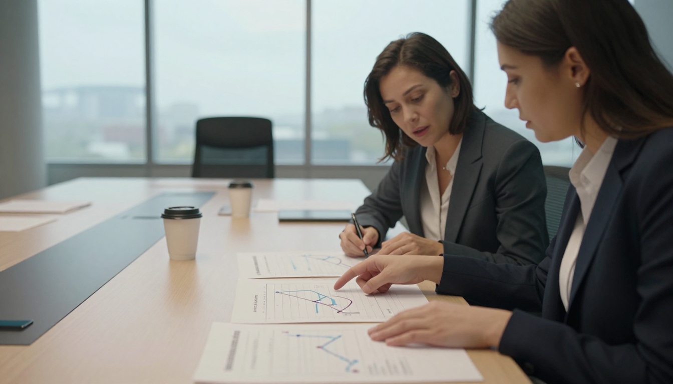 Two marketers reviewing printed conversion charts at a long meeting table Two marketers reviewing printed conversion charts at a long meeting table