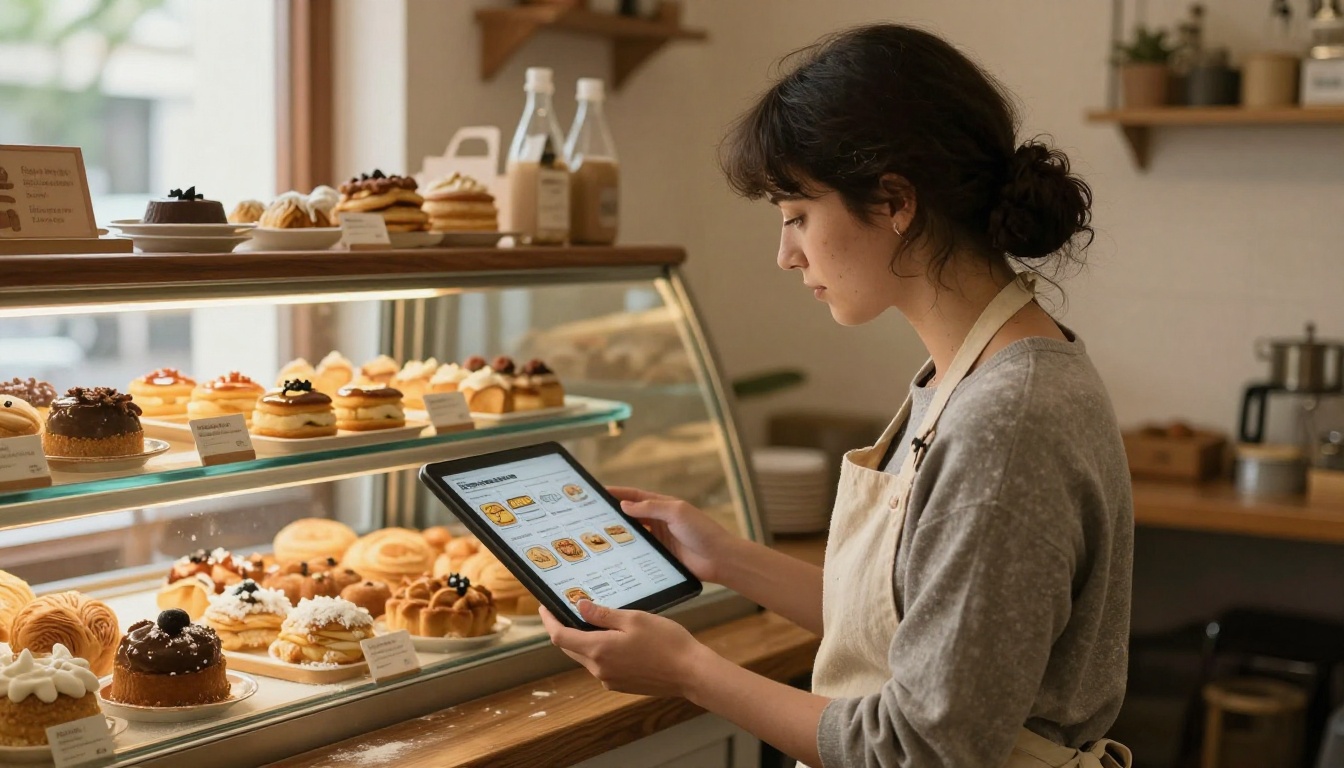 Small business owner holding a tablet displaying a flipbook style catalog at a bakery counter Small business owner holding a tablet displaying a flipbook style catalog at a bakery counter