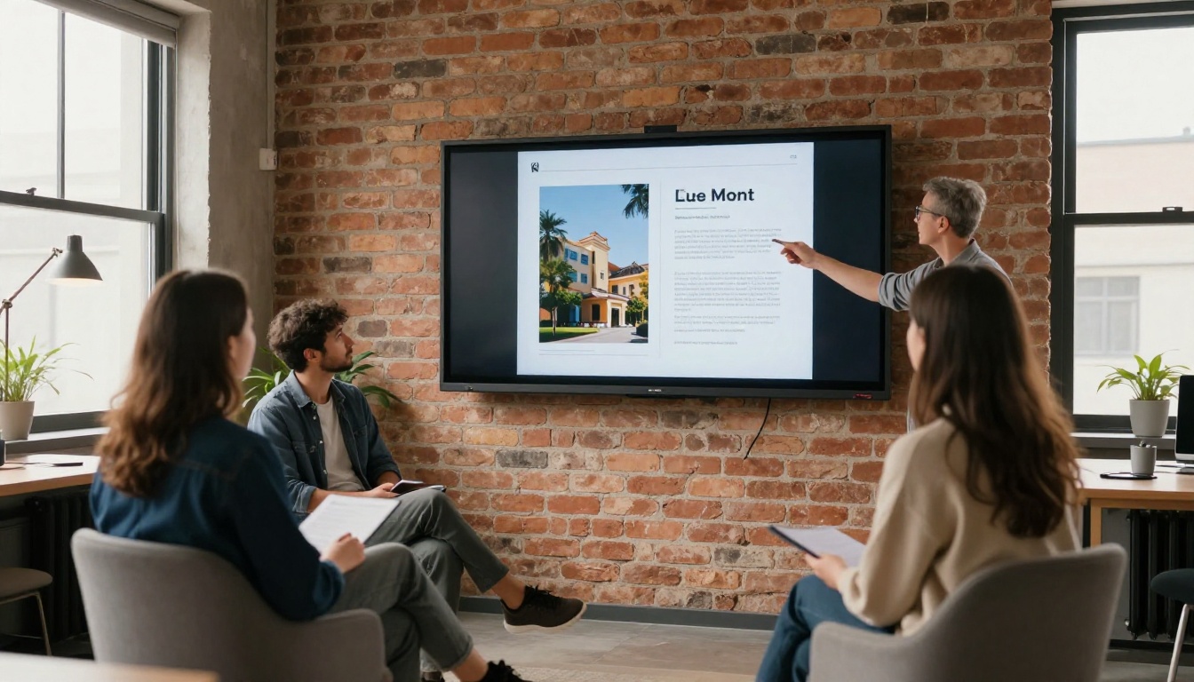 Consultant presenting a digital brochure on a wall monitor to three colleagues in a loft office Consultant presenting a digital brochure on a wall monitor to three colleagues in a loft office