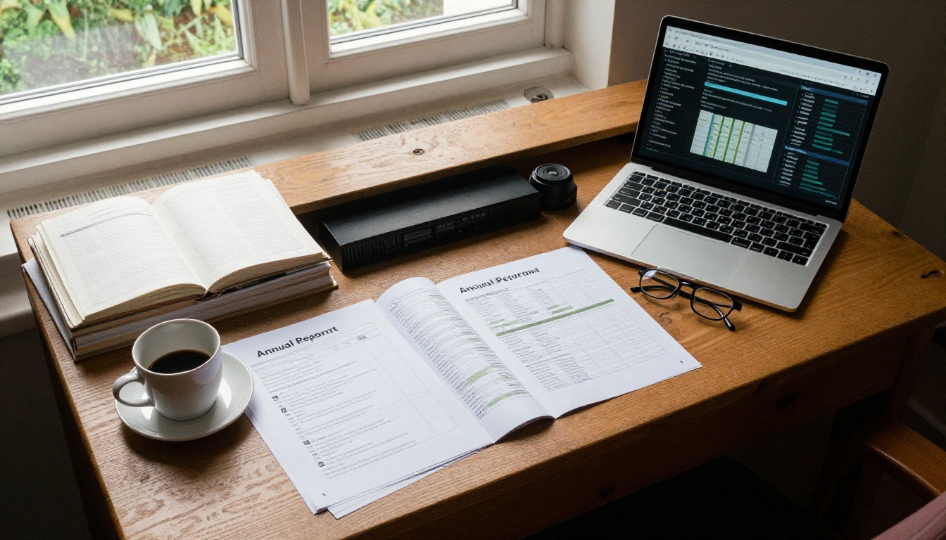Treasurer desk from above with printed report, laptop and coffee