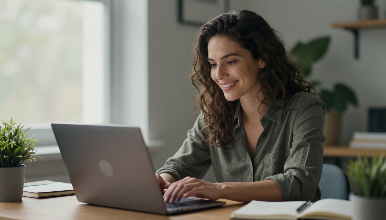 Candid portrait of a smiling woman reading results on a laptop at a standing desk Candid portrait of a smiling woman reading results on a laptop at a standing desk
