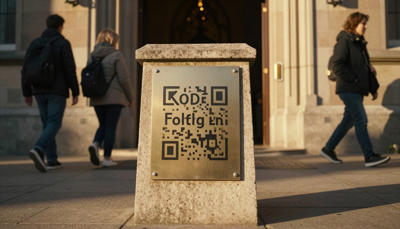 Low-angle view of a QR code sign at a church entrance