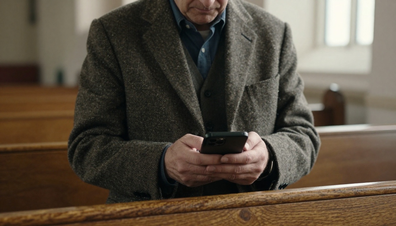 Older man in a tweed jacket holding a smartphone in a church pew