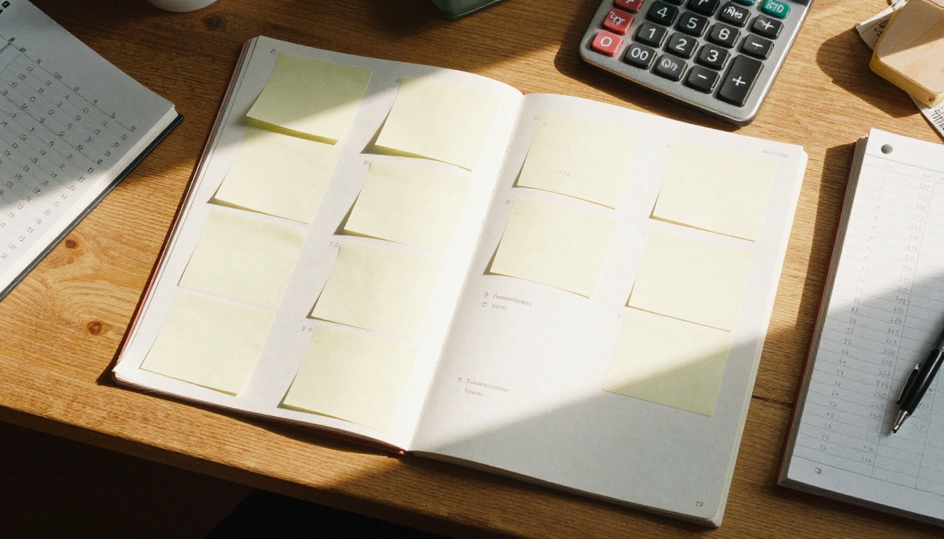 Overhead view of catalogs, notes and a calculator on a wooden table Overhead view of catalogs, notes and a calculator on a wooden table