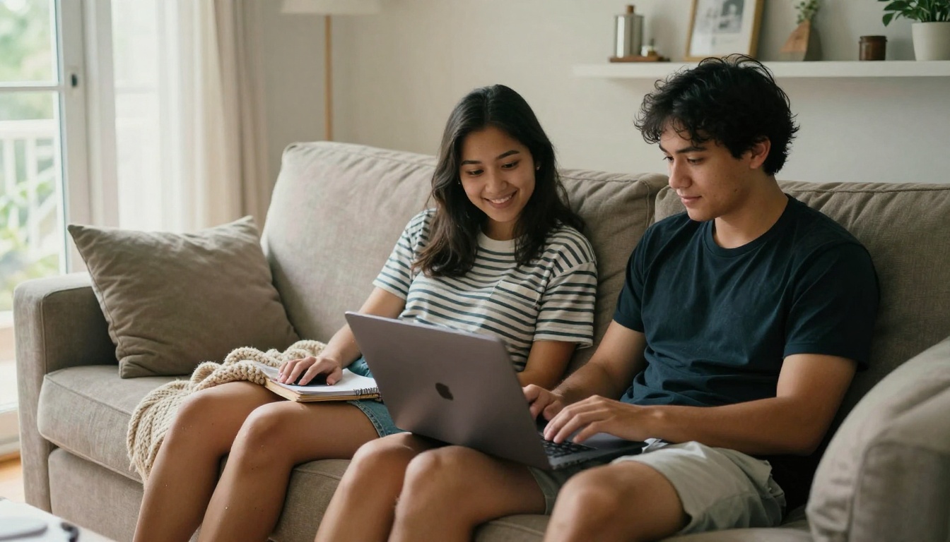 Young couple making an online donation from a living room sofa