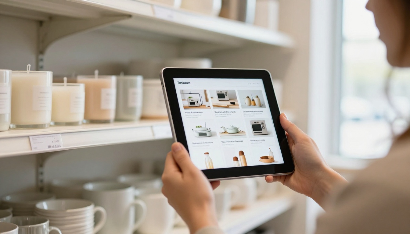 Shopper holding a tablet showing a product catalog in a home goods store Shopper holding a tablet showing a product catalog in a home goods store