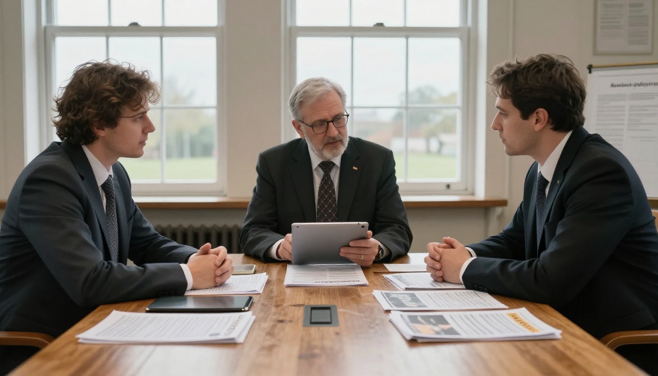 Church staff meeting around a table with printed newsletters and a tablet