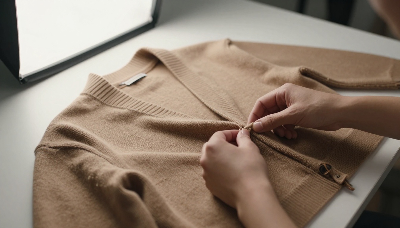 Close-up of hands arranging folded sweaters for a catalog photo shoot Close-up of hands arranging folded sweaters for a catalog photo shoot