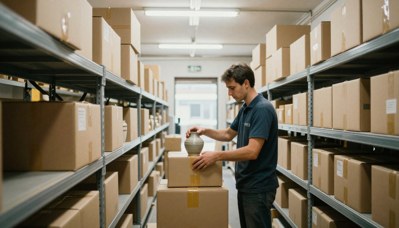 Warehouse worker packing a ceramic vase into a parcel Warehouse worker packing a ceramic vase into a parcel