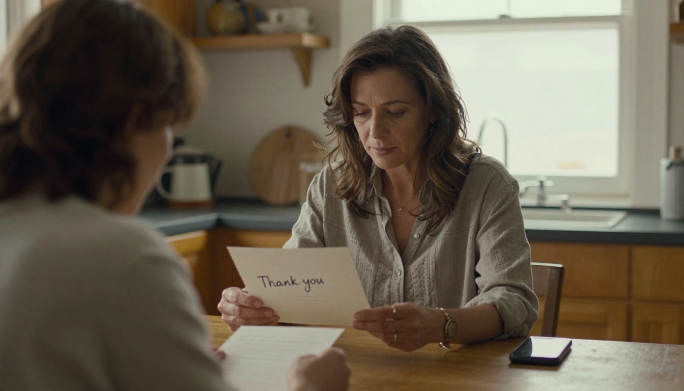 Woman in her fifties reading a thank-you letter at a kitchen table