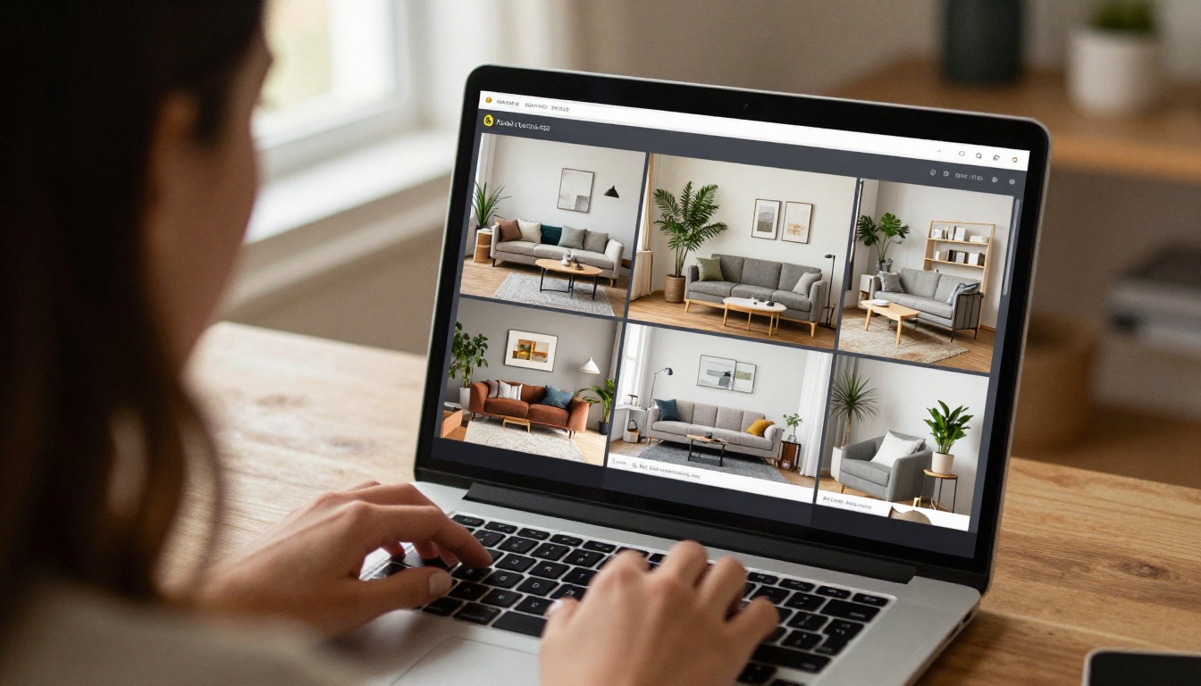 Woman reviewing a digital furniture catalog on a laptop in a home office Woman reviewing a digital furniture catalog on a laptop in a home office
