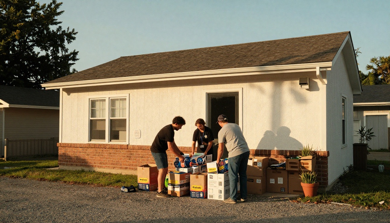 Volunteers unloading food boxes outside a community church at golden hour