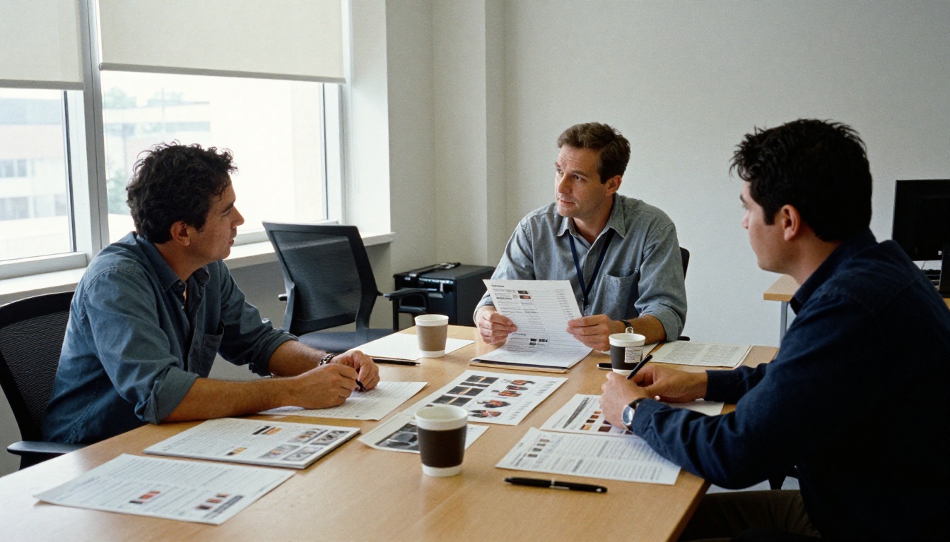 Colleagues discussing price lists and product photos at a meeting table Colleagues discussing price lists and product photos at a meeting table