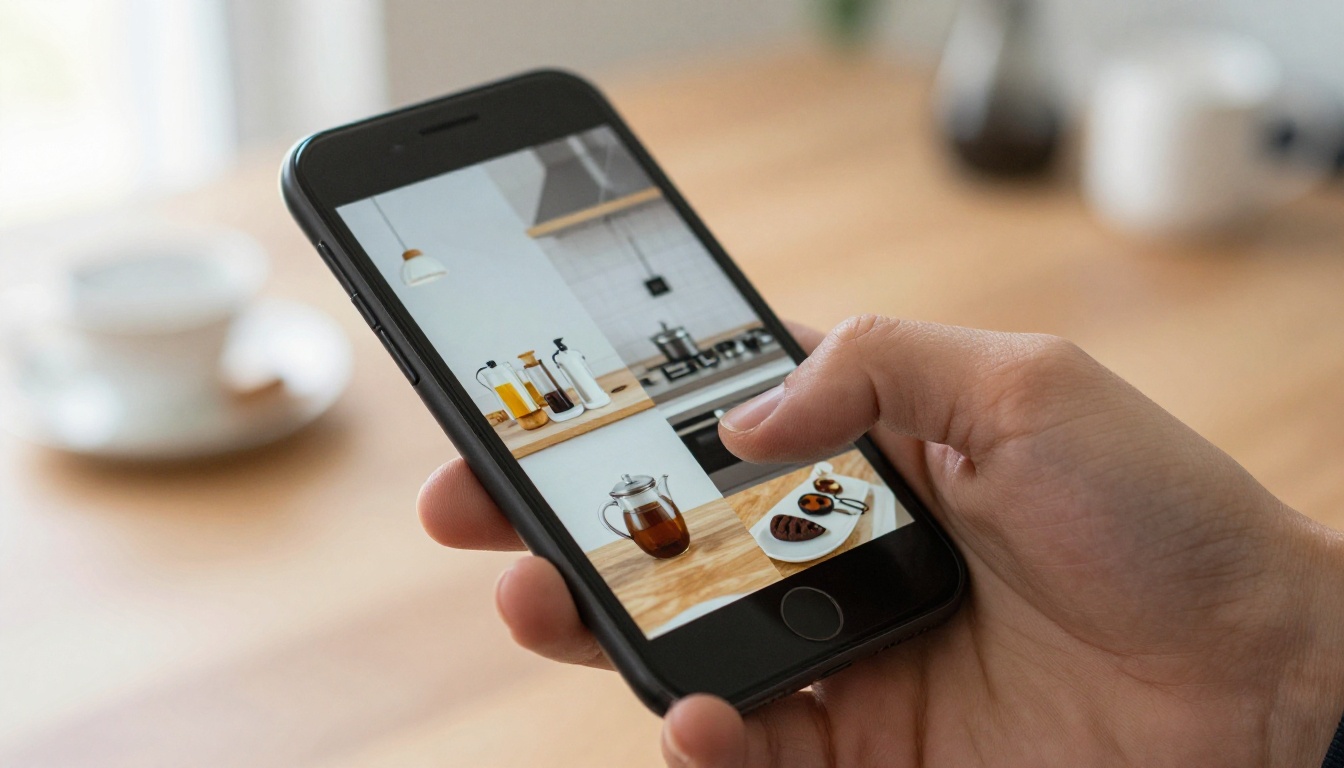 Hand holding a smartphone showing a swipeable product catalog Hand holding a smartphone showing a swipeable product catalog
