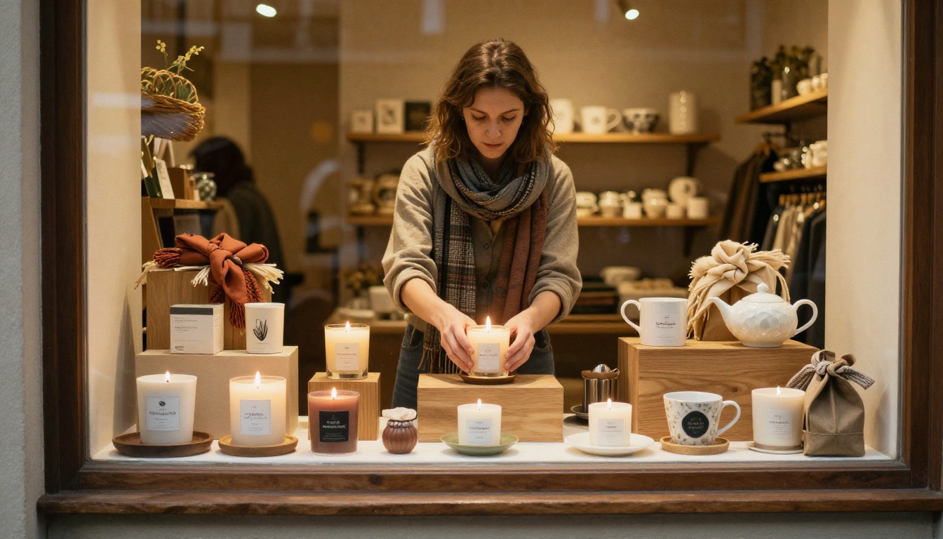 Boutique owner arranging a seasonal window display of candles and ceramics Boutique owner arranging a seasonal window display of candles and ceramics