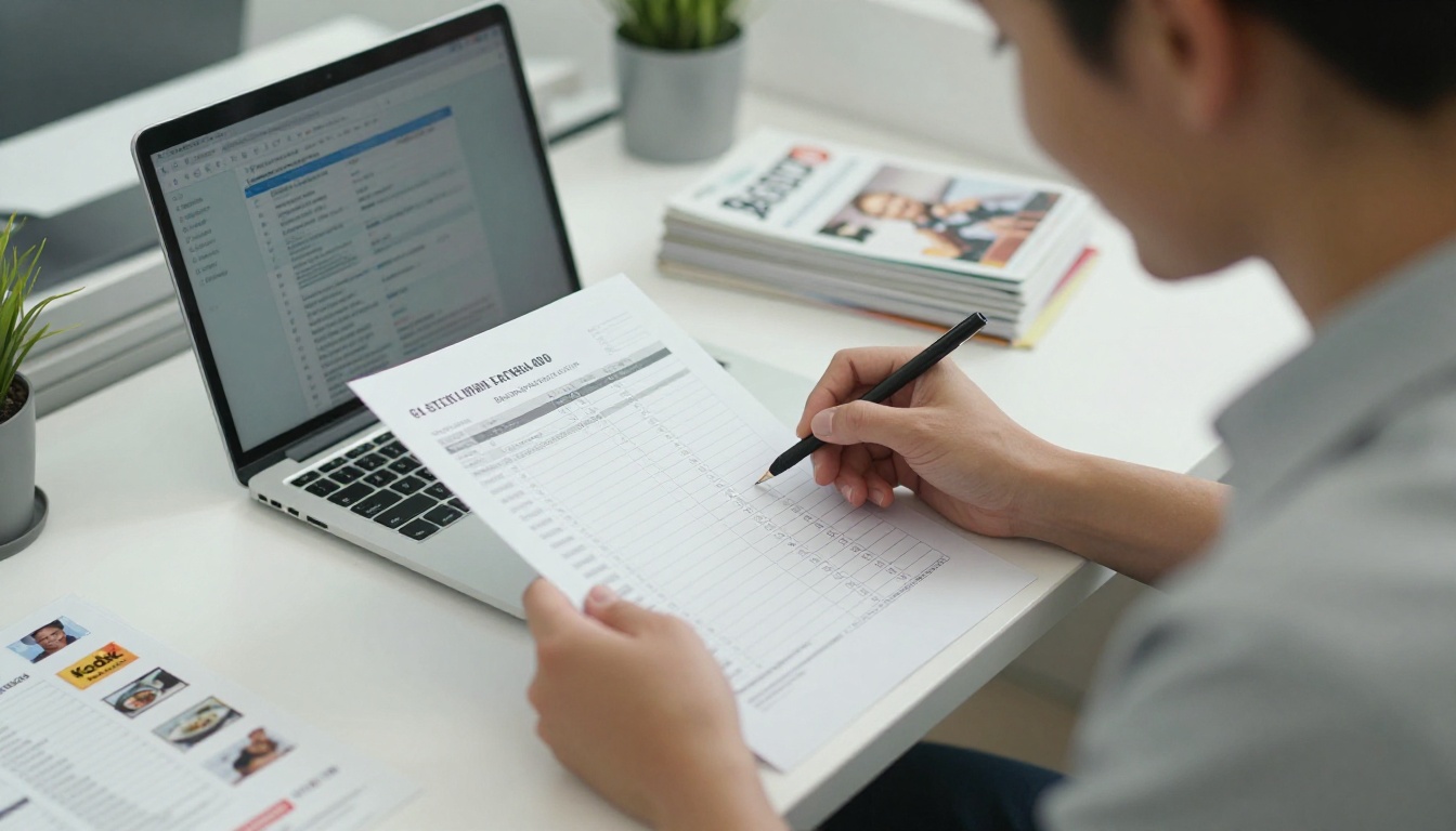 Business owner reviewing a printed sales report beside a laptop and catalogs Business owner reviewing a printed sales report beside a laptop and catalogs