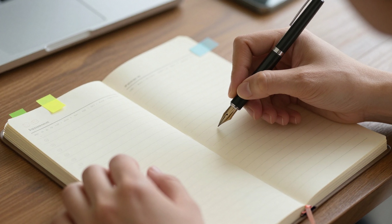 A woman writing in a paper planner with a fountain pen at a wooden desk A woman writing in a paper planner with a fountain pen at a wooden desk