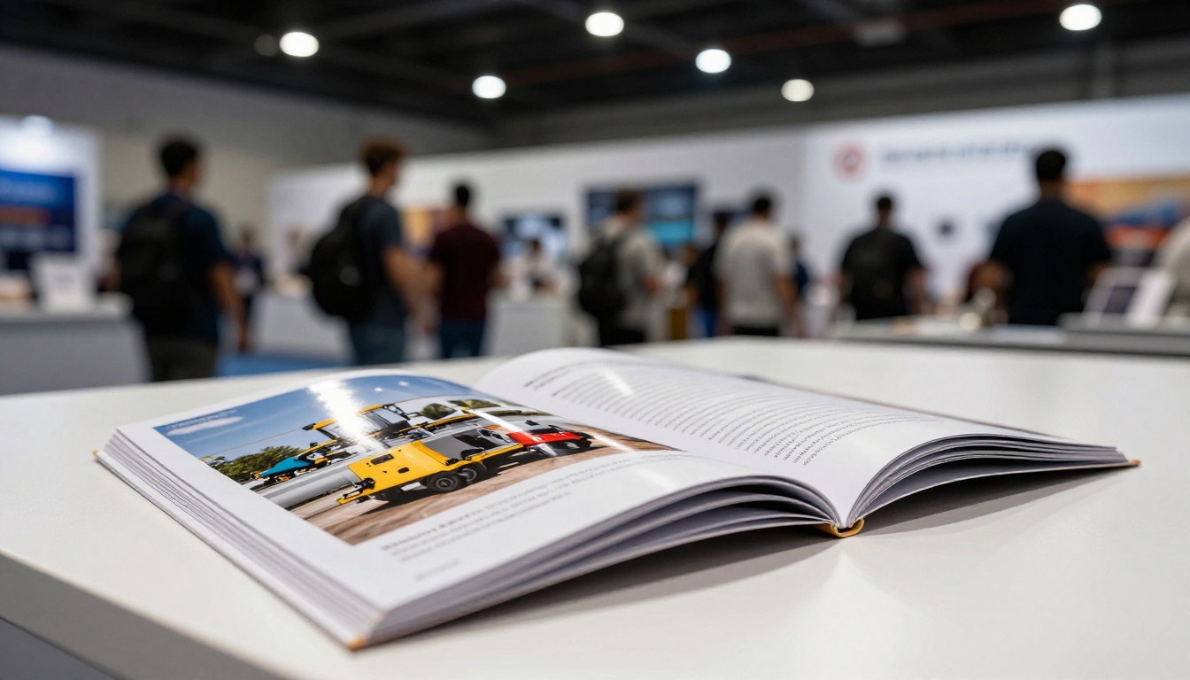 Open product brochure on a trade show table