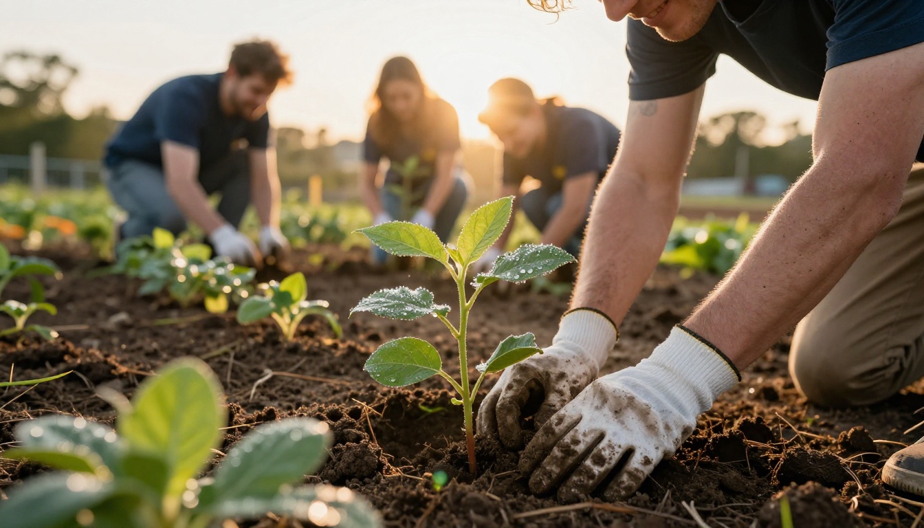 Volunteers planting saplings in a community garden at golden hour