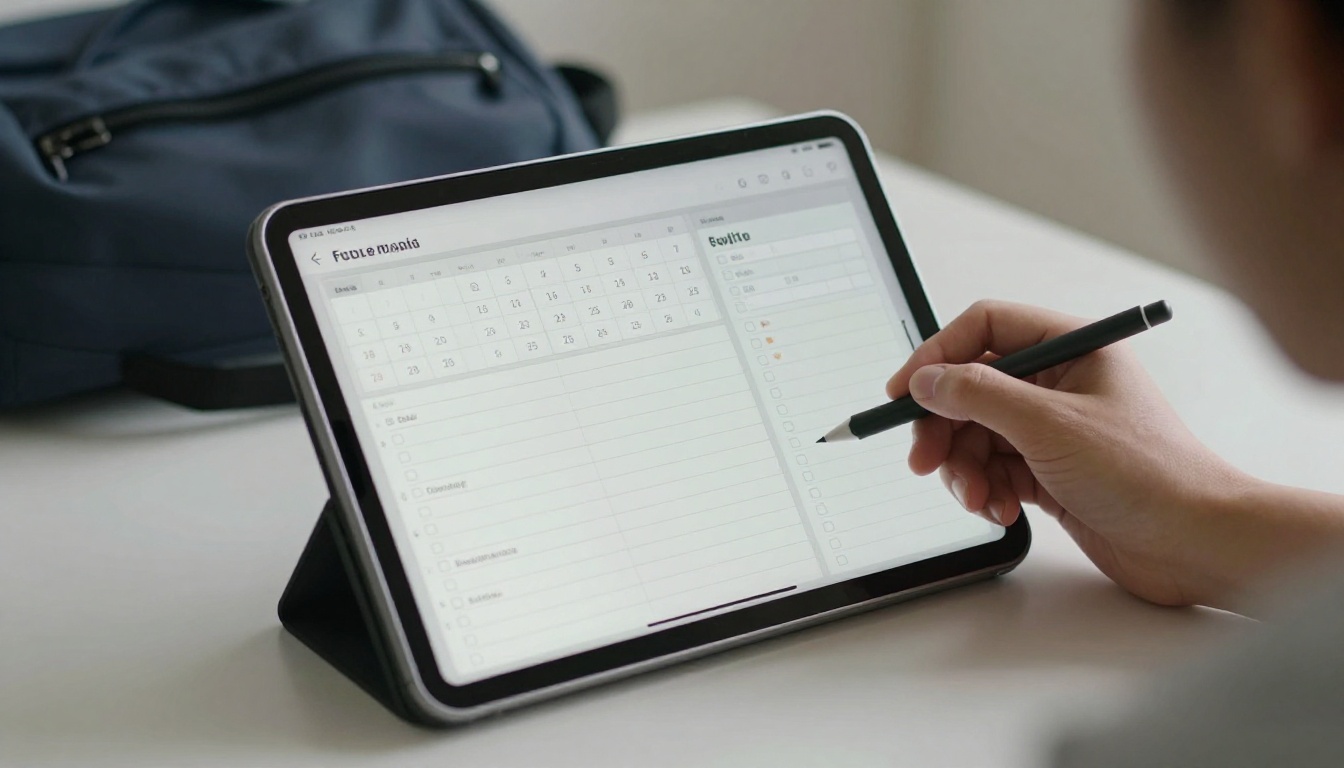 A tablet standing on a desk displaying a digital planner with calendar and checklists A tablet standing on a desk displaying a digital planner with calendar and checklists