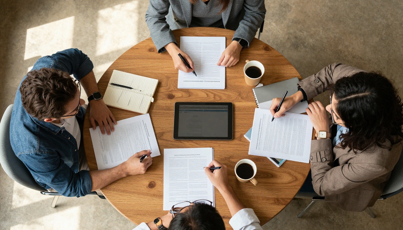 Buyers reviewing printed spec documents around a conference table