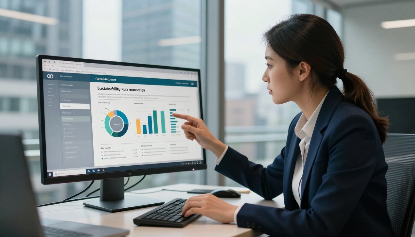 Analyst reviewing a sustainability risk report on a large monitor
