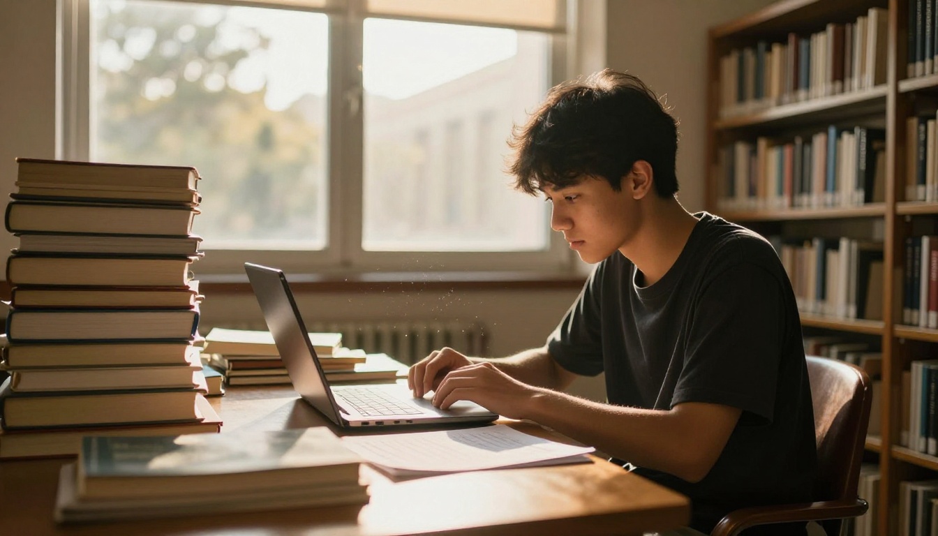 A university student at a sunlit library desk with a laptop and a paper planner side by side A university student at a sunlit library desk with a laptop and a paper planner side by side