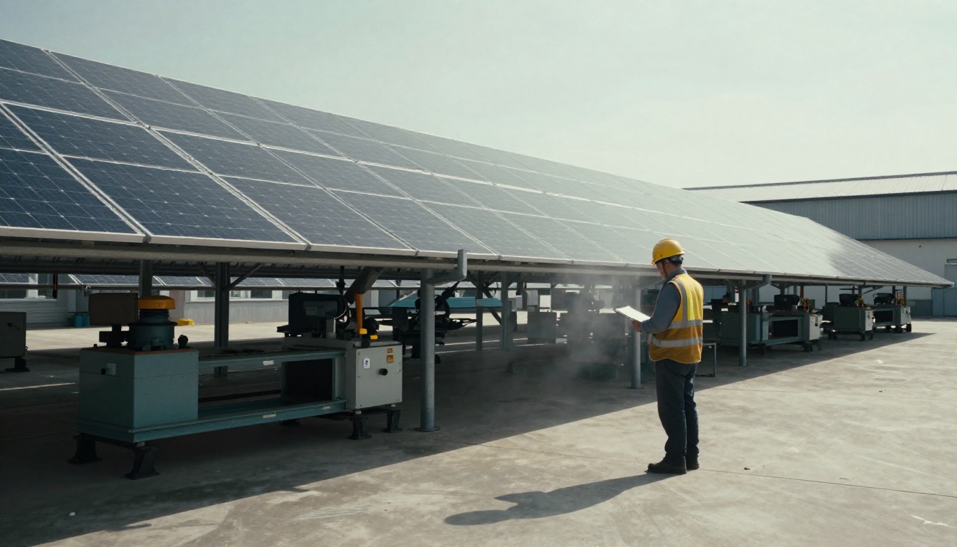Factory worker checking a clipboard under rooftop solar panels