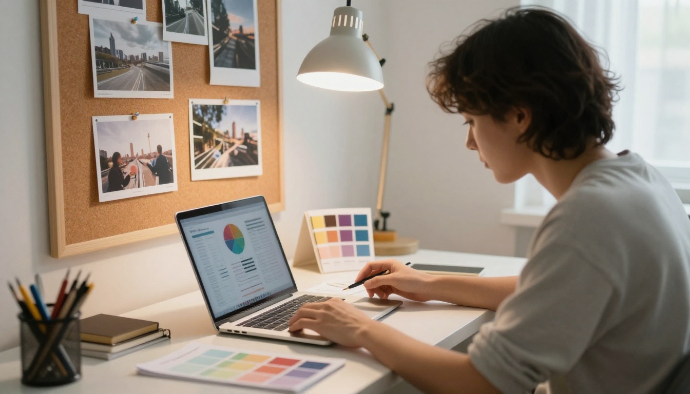 Designer laying out a report on a laptop with swatches and photos