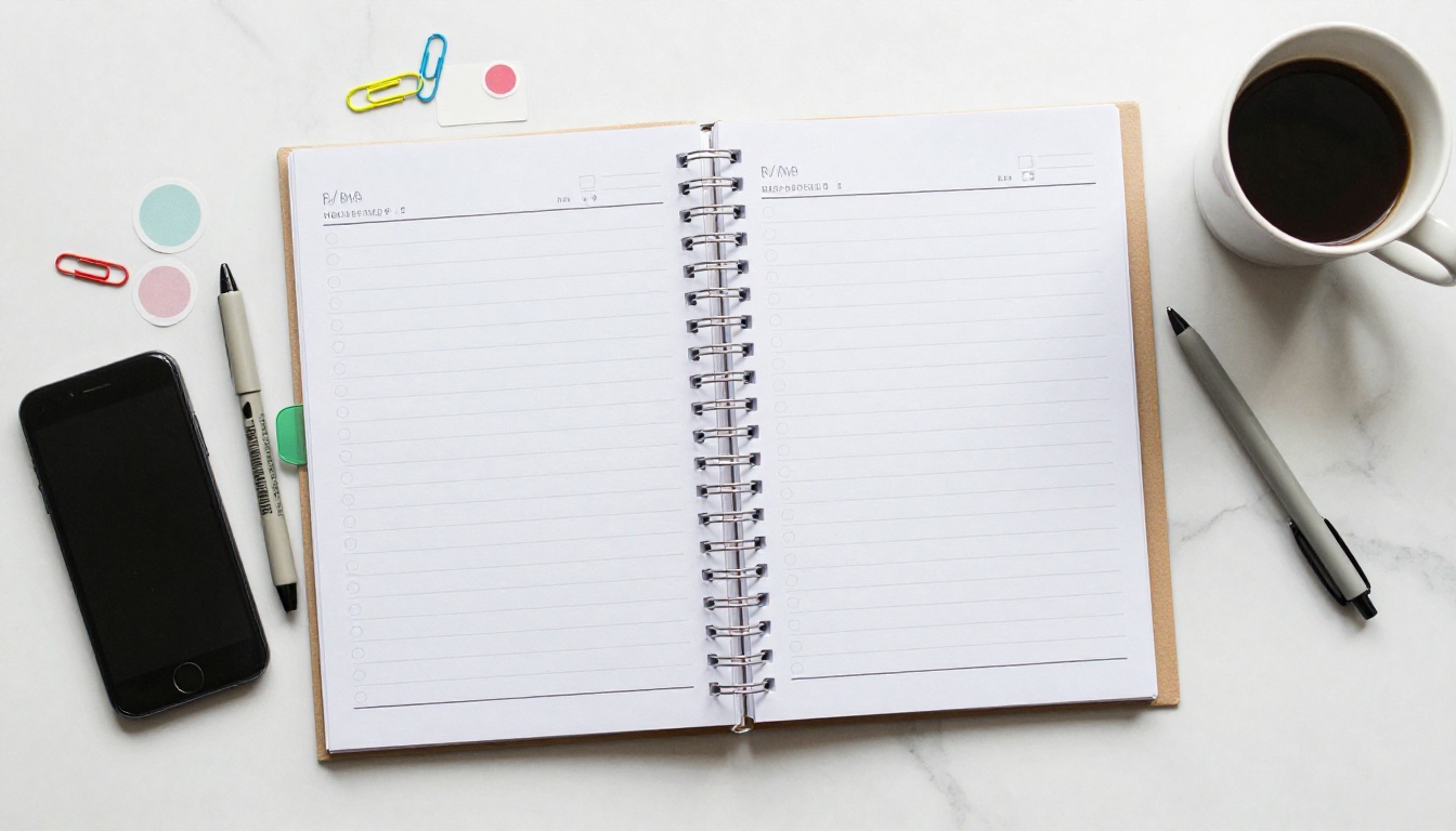 Aerial view of a paper planner with colored pens, stickers and a coffee cup on a marble desk Aerial view of a paper planner with colored pens, stickers and a coffee cup on a marble desk