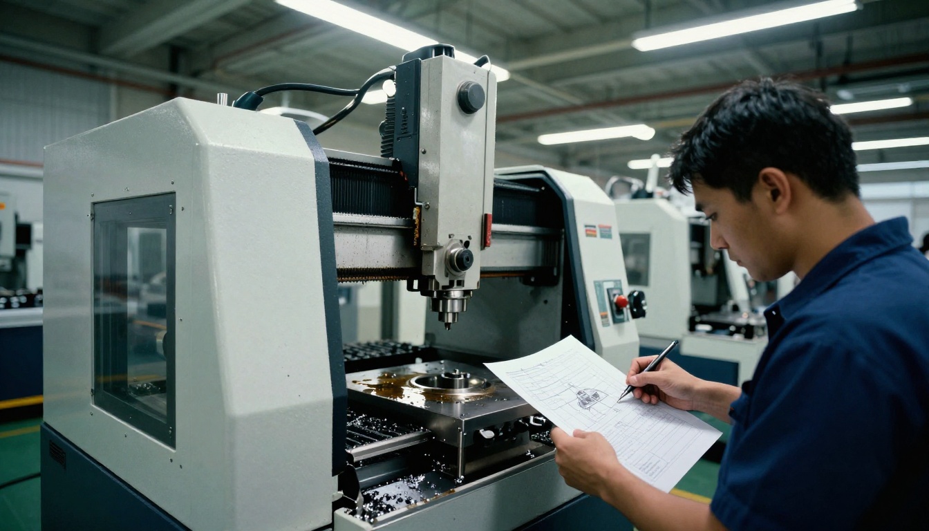Technician checking a machined part against a printed drawing