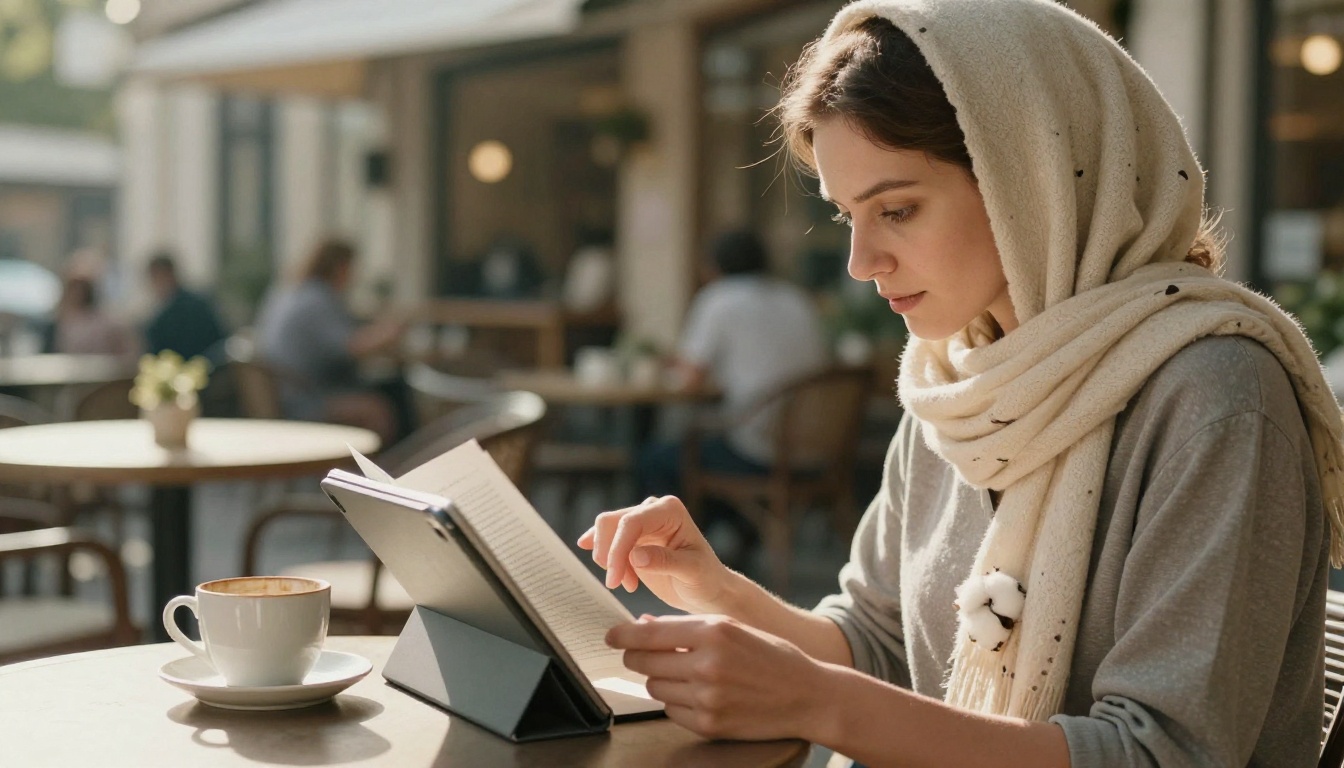 Woman reading a report on a tablet on a cafe terrace